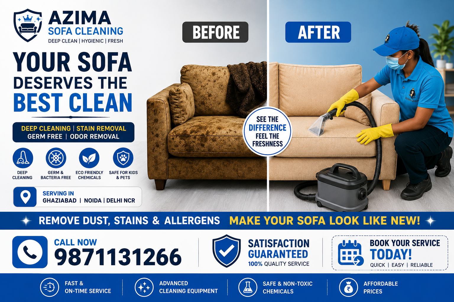 Best sofa Dry cleaning Price in Modinagar using vacuum machine removing dust, stains and bacteria from fabric sofa at home